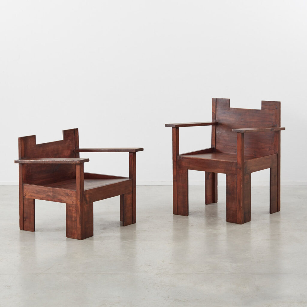 His and hers Brutalist wooden chairs