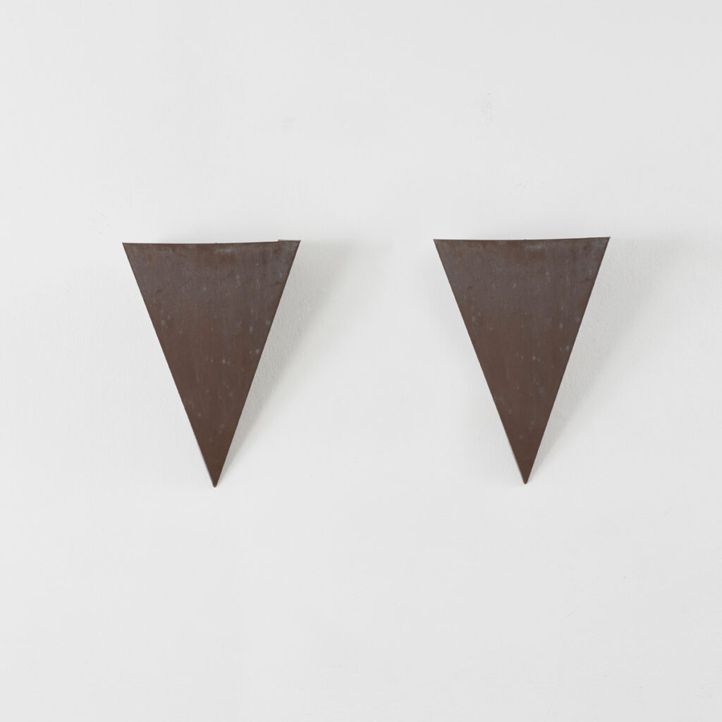 Pair patinated steel wall sconces