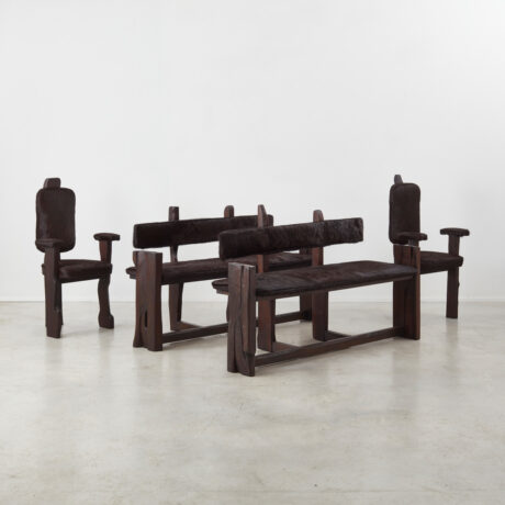 Brutalist wooden bench & chairs dining set