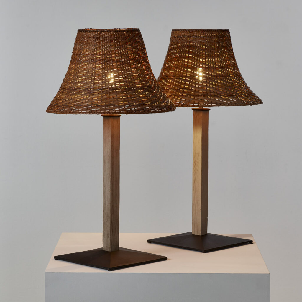 Pair of wicker, wood and metal table lamps