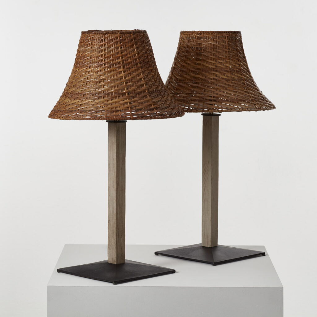 Pair of wicker, wood and metal table lamps