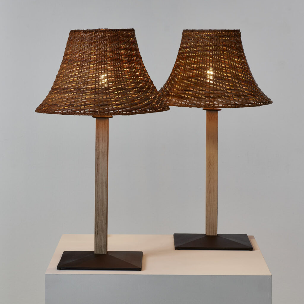 Pair of wicker, wood and metal table lamps