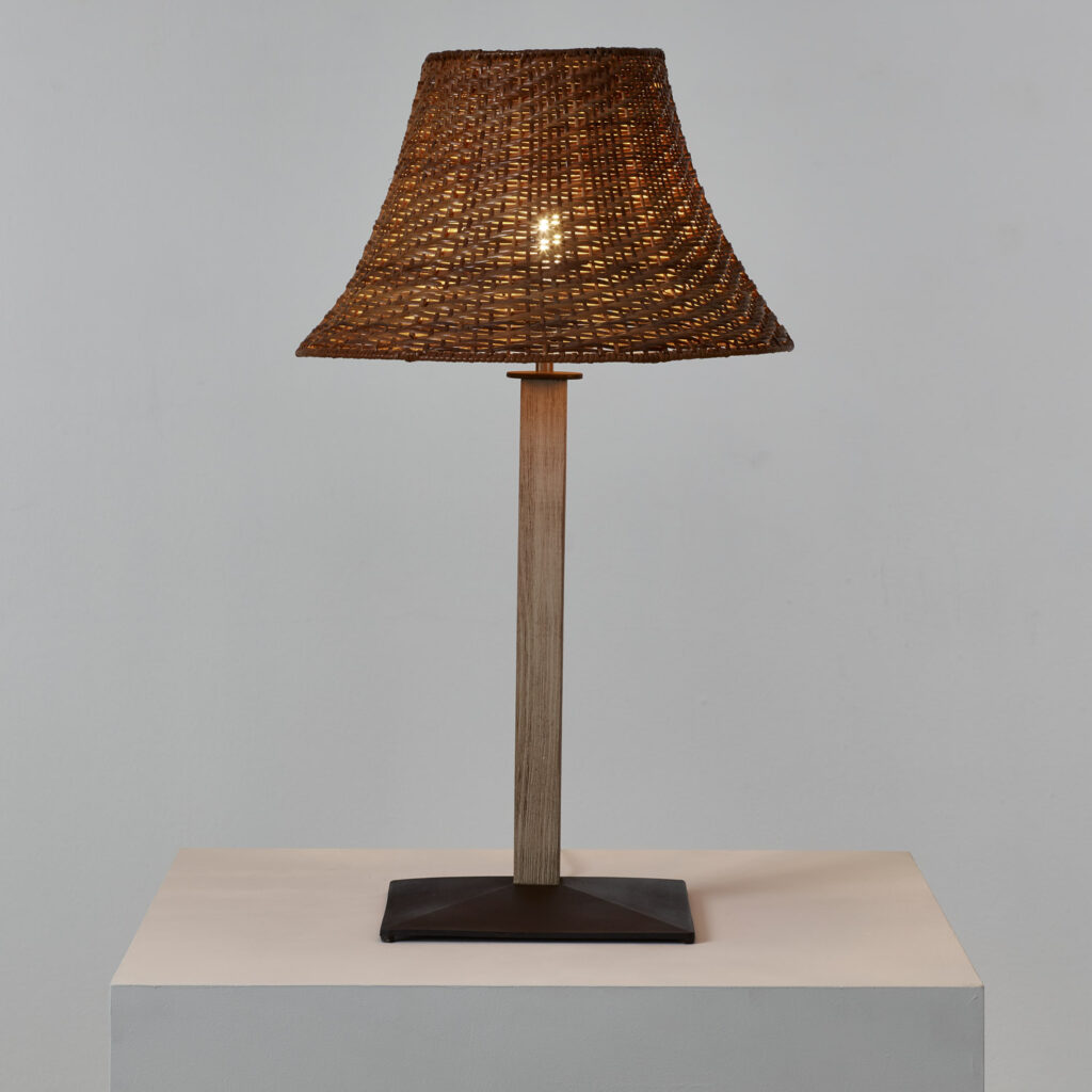 Pair of wicker, wood and metal table lamps