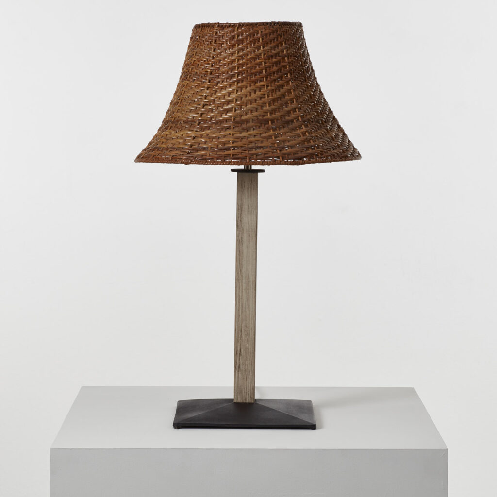 Pair of wicker, wood and metal table lamps