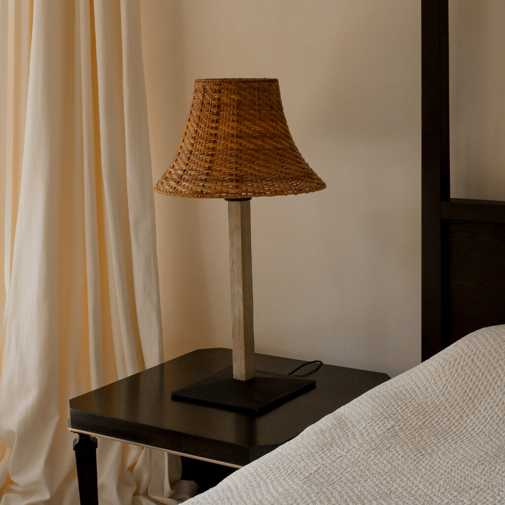 Pair of wicker, wood and metal table lamps