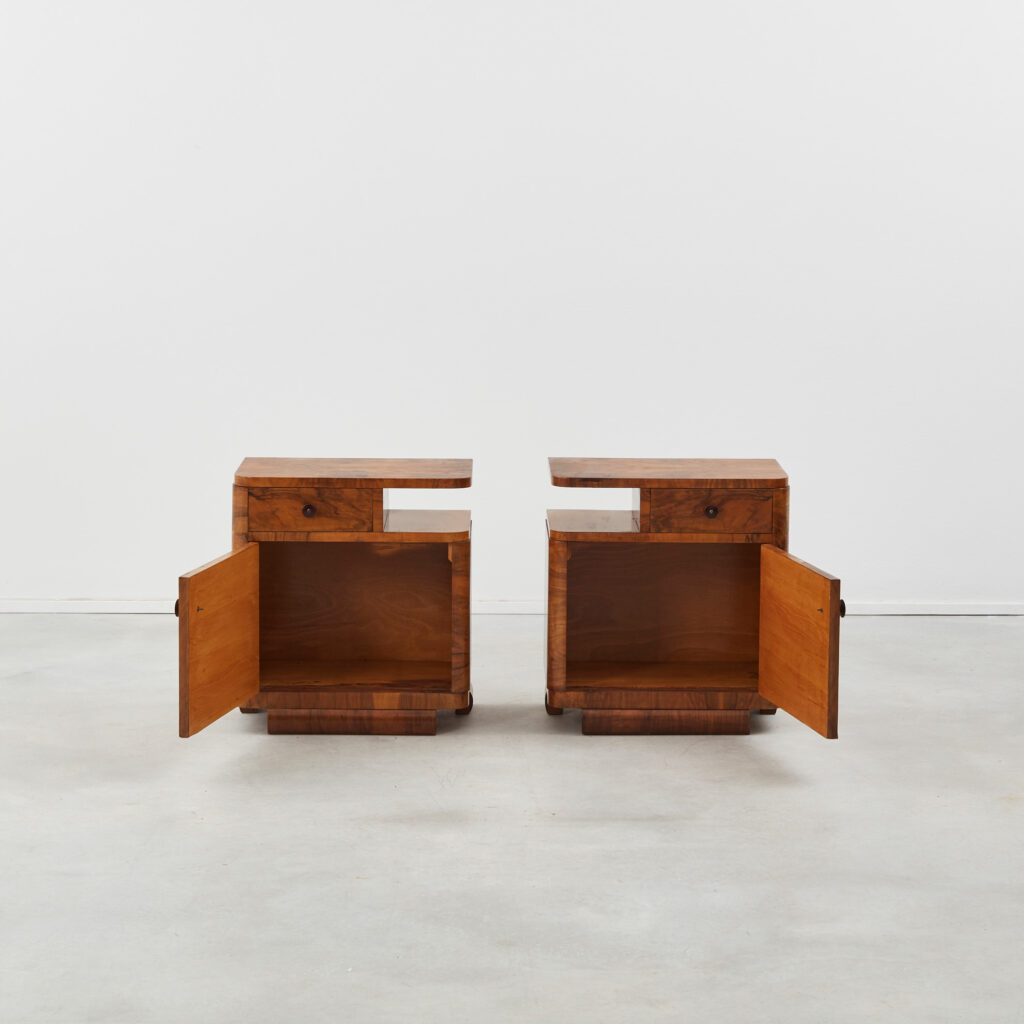 Art Deco bedside tables in walnut veneer