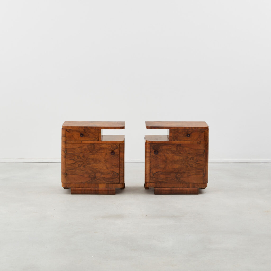 Art Deco bedside tables in walnut veneer