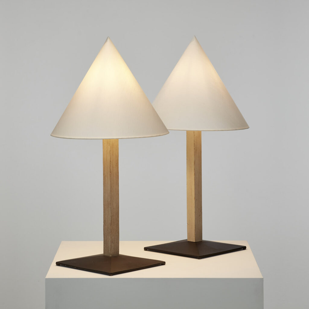 Pair of conical wood and metal lamps