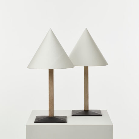 Pair of conical wood and metal lamps