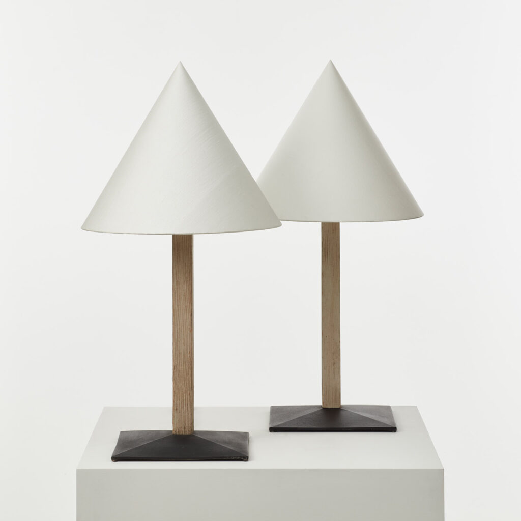 Pair of conical wood and metal lamps