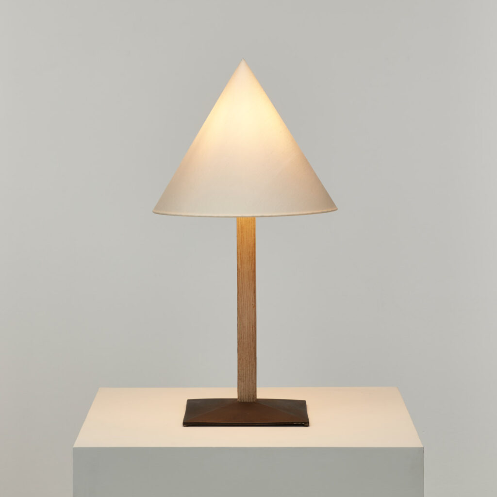 Pair of conical wood and metal lamps