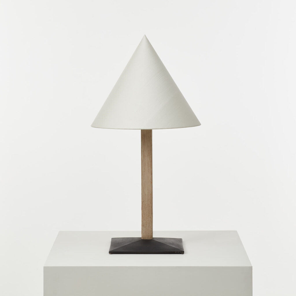 Pair of conical wood and metal lamps